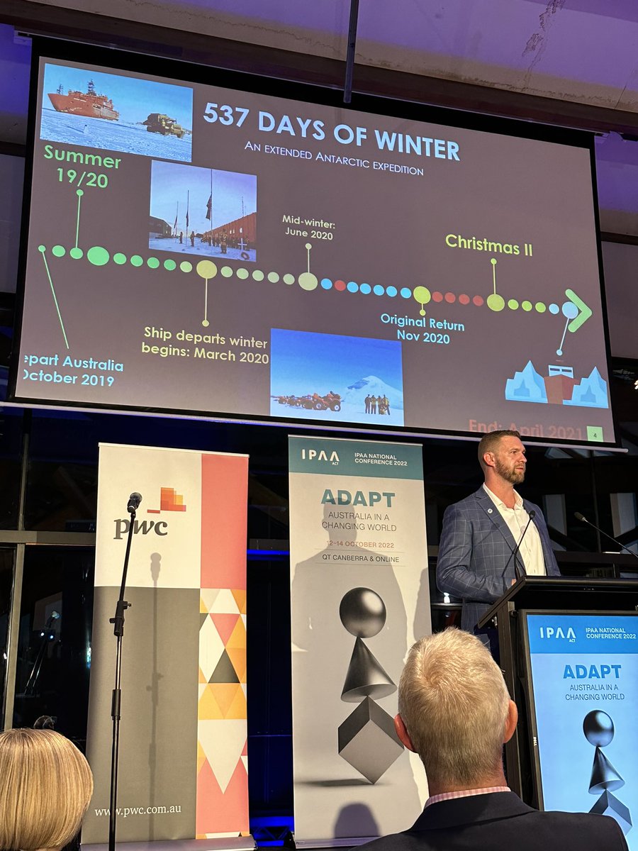 adamfennessy's tweet photo. Wonderful energy in the room at tonight’s @IPAAorg #IPAA2022Conference dinner, opened by IPAA National President Prof Renée Leon, V-C of @CharlesSturtUni, with impressive guest speaker Antarctic expeditioner David Knoff talking #leadership when stranded in #Antarctica. https://t.co/2Xl4rnYTU4