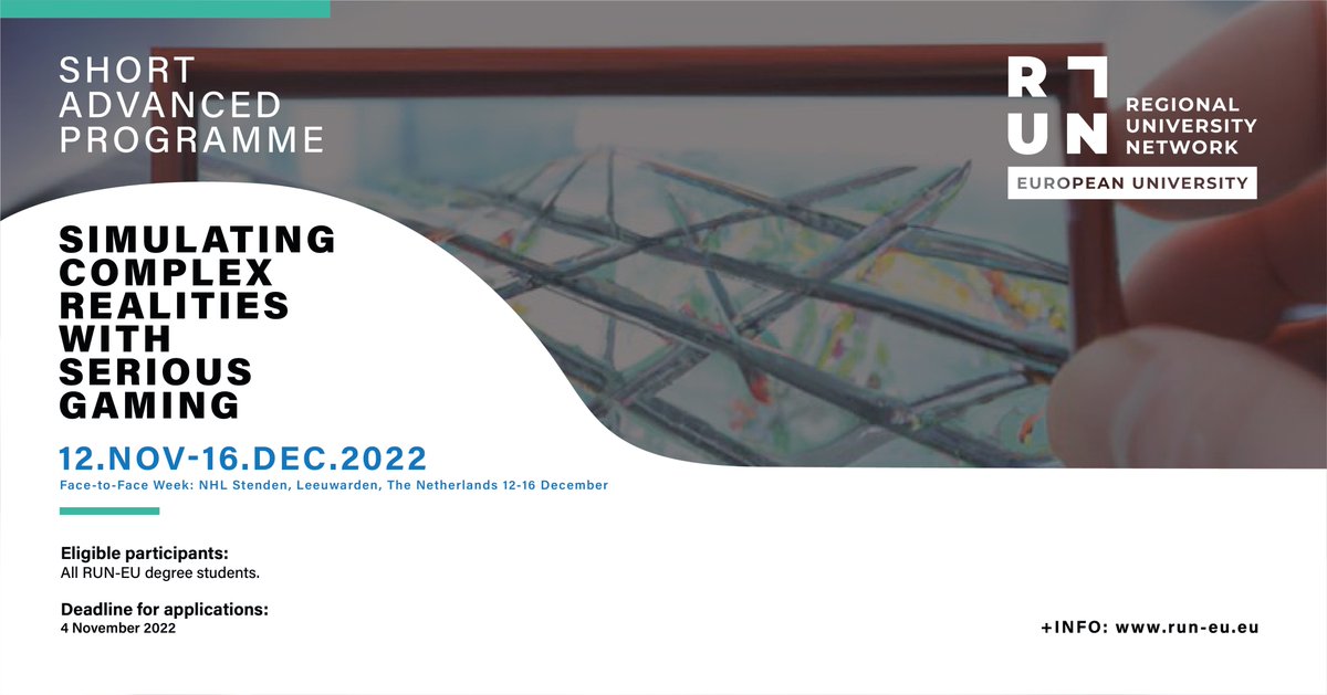 Interested in a design-based research approach to developing serious games, and dealing with complex issues of change and sustainability? 🎮 Join this new SAP and participate in a face-to-face week in @nhlstenden. 👉 APPLY BY 4 NOVEMBER +INFO: bit.ly/SAP_Serious_Ga… #run_eu