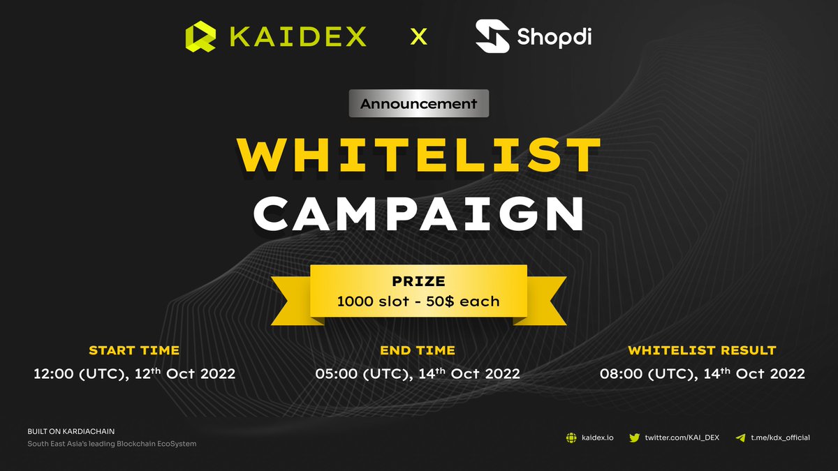 KAI_DEX's tweet photo. @ShopdiOfficial #WHITELIST IDO ON JETPad - KAIDEX

ShopDi - The new generation e-commerce platform applying #blockchain technology &amp; #NFT will officially open IDO round in JETPad on October 14!

Whitelist now at: https://t.co/5EU7hlO5MO

#KRC20 #launchpad https://t.co/e8z1b3QskN