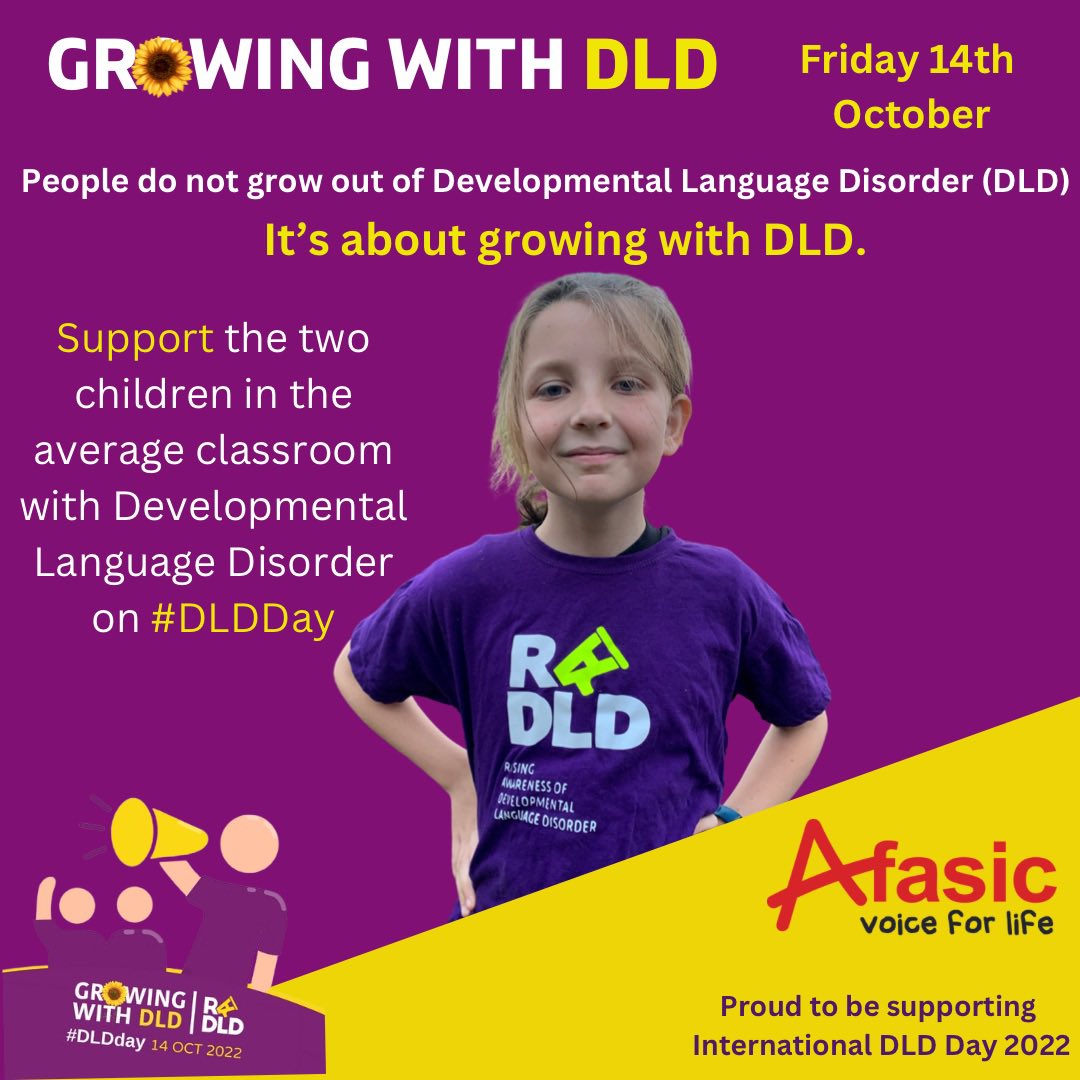 Afasic's tweet photo. Support the two children in every the average classroom with Developmental Language Disorder on DLD Day. Afasic are proud to be supporting International DLD day this Friday the 14th of October 2022.  Thank you to Amelia for the lovely photo. It’s about growing with DLD. https://t.co/howRrUPCap