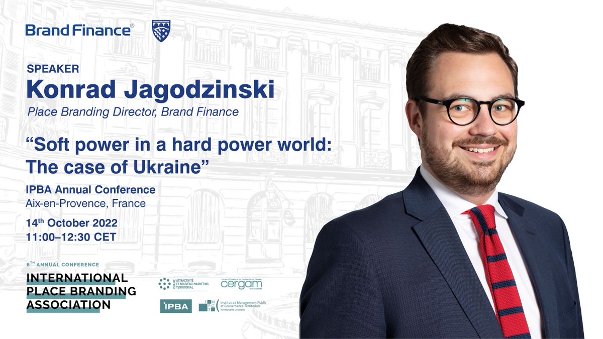 BrandFinance's tweet photo. #PlaceBranding Director, @jagodzinski_k is presenting at the Annual @IPBA_Conf hosted by @univamu in @aixmaville.

Join his session on Friday, 14th October at 11:00 CET to discuss the role of #softpower and #nationbrand in the war in #Ukraine. #IPBA2022 

https://t.co/4lZYtgE7Rt https://t.co/KEJNR0zZ12