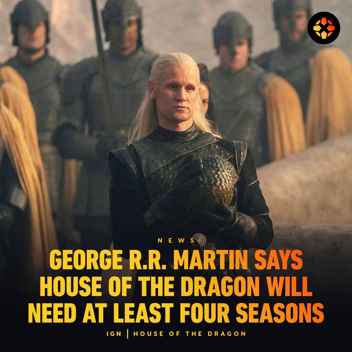 IGN's tweet photo. “It is going to take four full seasons of 10 episodes each to do justice to the Dance of the Dragons, from start to finish,” Martin admits. Luckily, House of the Dragon has already been renewed for a second season. https://t.co/8cZ34a8lrw https://t.co/sLYYCU9ybi
