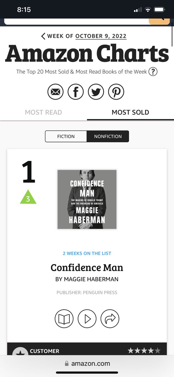 JavelinDC's tweet photo. 👀 The most sold book on all of Amazon - congratulations @maggieNYT 📚 🎉 🎊 https://t.co/f4U5ANMmtv