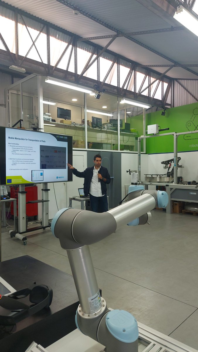mari4_yard's tweet photo. Nowadays transportation of parts between stores and workshops heavily relies on humans, but companies are willing to remove workers from such risky operations. Luis Rocha from @INESCTEC  shows the mobile #manipulators developed by @mari4_yard to support such tasks. https://t.co/CqqoubHwzh