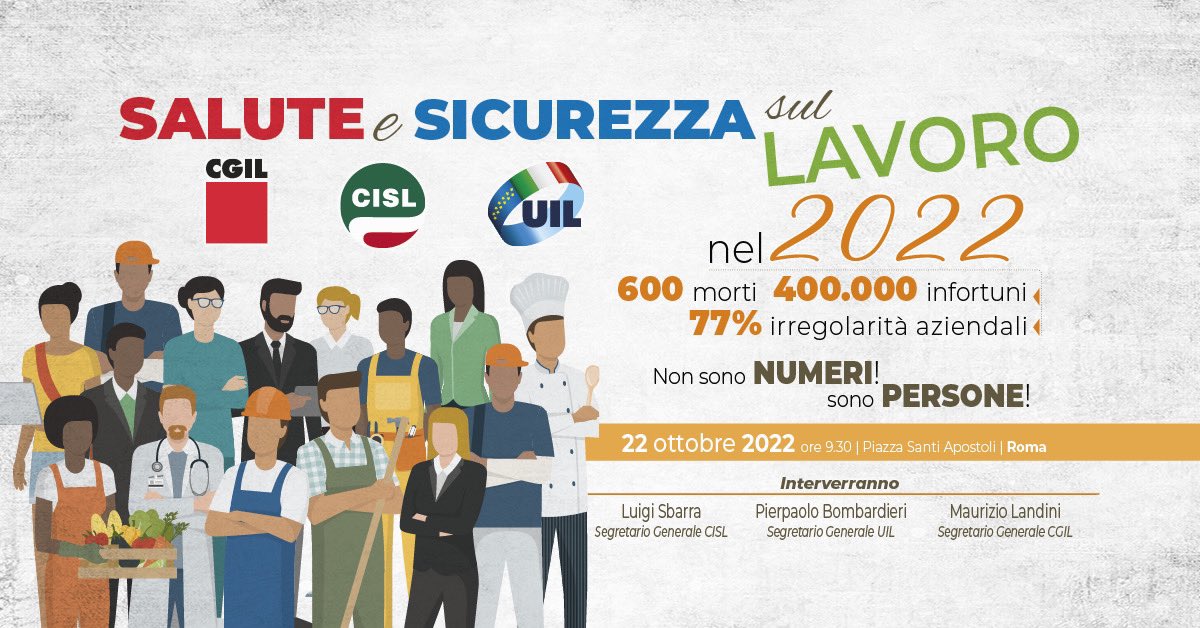 Basta morti sul lavoro! Sabato 22ottobre si terrà a #Roma a Piazza Santi Apostoli la #manifestazione nazionale indetta dai #sindacati #CgilCislUil sul tema della salute e sicurezza nei luoghi di lavoro.