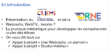 #SéminaireDRNE Marie Adam-Normand et Hervé Claudet témoignent sur des projets de webradio et webTV. Des pratiques médiatiques pour développer les compétences orales des élèves.
