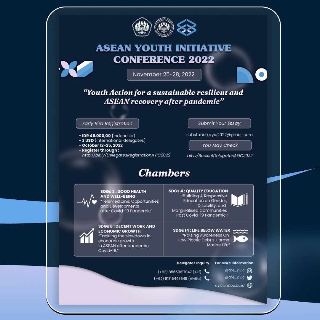 The_AYIC's tweet photo. [ AYIC 2022 EARLY BIRD REGRISTRATION ]

Greetings, SDG's enthusiast!

Don't miss out the excitement of AYIC 2022. Save your seat and speak with AYIC!! 

#AYIC2022
#AchievingProsperity #ASEAN #AseanYouth #Conference #YouthConference #SDGS #Sustainability https://t.co/n5LoR7I7L5