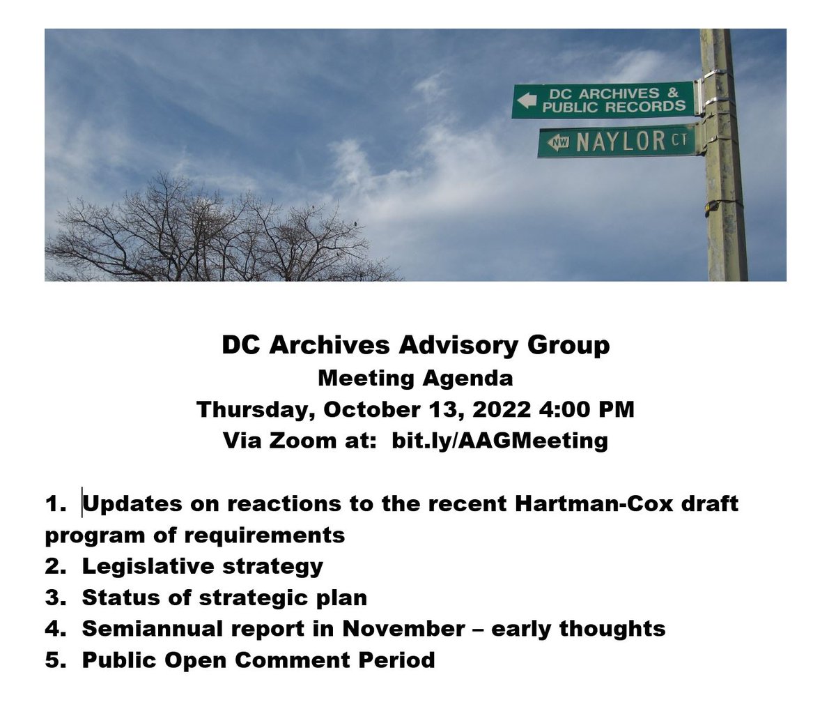DCArchivesGroup's tweet photo. 📢📢 Next meeting of @DCArchivesGroup is Thursday, 10/13/22 at 4:00 PM.  Join us on-line at https://t.co/2mmODgGrct.  Meeting agenda here 👇👇 https://t.co/fLur4bNY3n