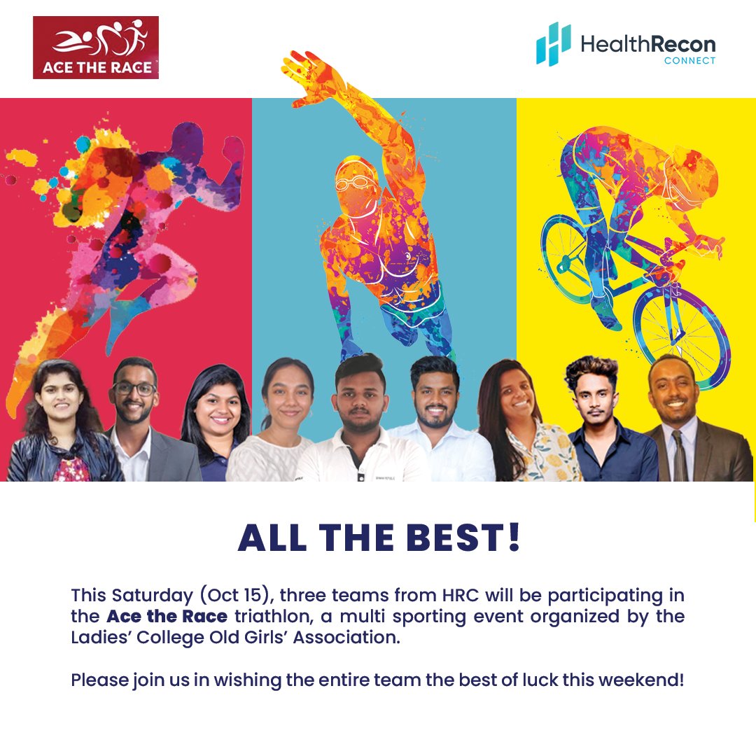 HealthReconLK's tweet photo. Good luck to all our team members participating this weekend! We will be rooting for you! 🥳
#TeamHealthRecon #HealthReconConnect #HealthRecon #AceTheRace #AceTheRace22 #LadiesCollege #LCOGA #Triathlon #Aquathlon #SriLanka https://t.co/P4pED343ki