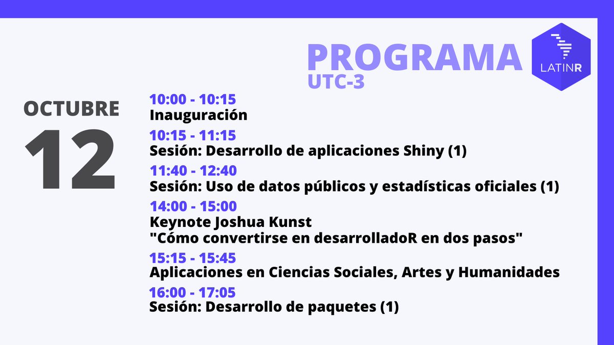 💬 A minutos de iniciar el primer día de conferencia en #LatinR2022

El programa de hoy incluye sesiones de Shiny, datos públicos y estadísticas oficiales, desarrollo de paquetes y aplicaciones en ciencias sociales, artes y humanidades.

No te lo pierdas!!