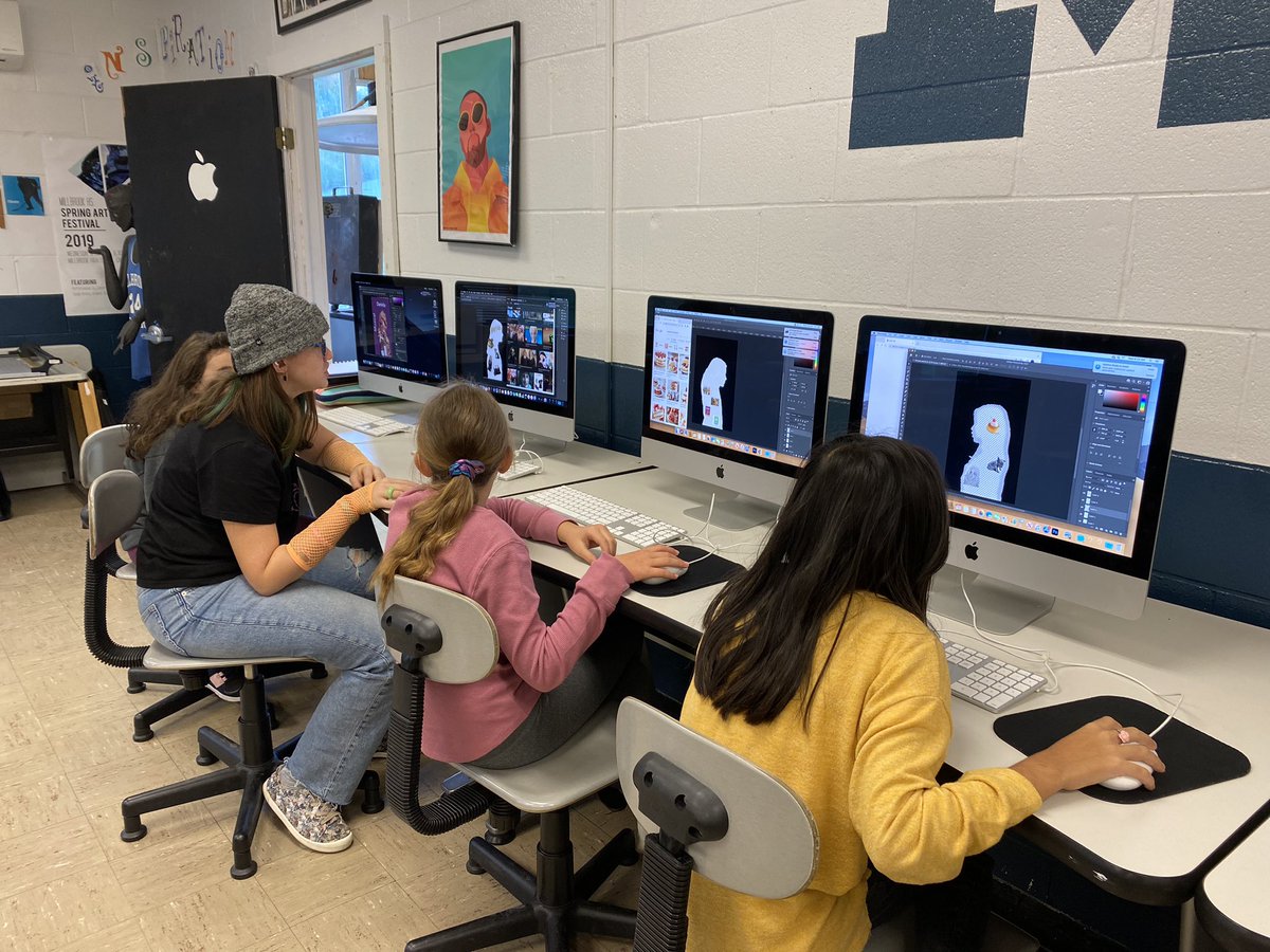 Millbrookmsart's tweet photo. Art 6 using @adobe photoshop to create a digital self portrait! @Photoshop #digitalart #graphicdesign #k12artchat @apple @Millbrookmsart @MMSBlazers https://t.co/3DnbjU2vrE