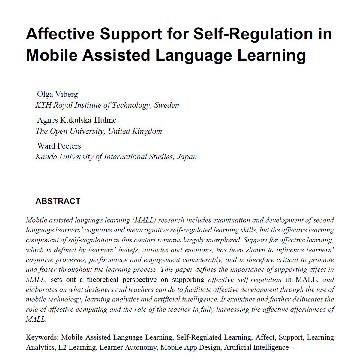 Ward_Peeters's tweet photo. Just won the best paper award at the #mlearn2022 conference! Our paper on Affective Support for Self-Regulation in Mobile Assisted Language Learning will be out soon! Will keep you posted. Huge congrats to my co-authors @OlgaOvi and @agneskh. #mlearn22 #MALL #mobilelearning https://t.co/XK1ccUuv57