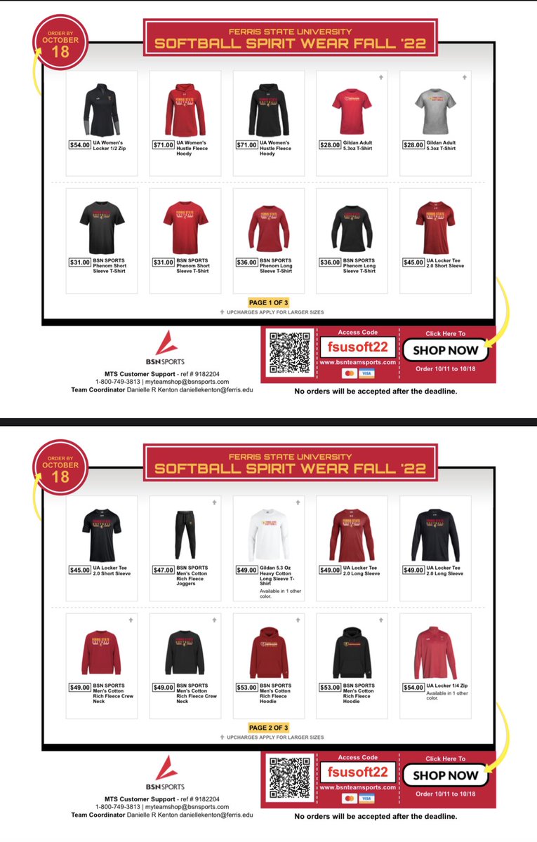 Our team store is NOW OPEN! Show your support for Ferris State Softball!

Important to note:
1. Items will be shipped directly to your home
2. The shop will close on Tuesday, October 18th

Link to the shop: bit.ly/3RNfQMd
Access Code:fsusoft22