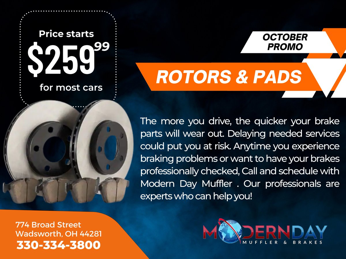 Moderndaymuff's tweet photo. Our October Service Promo is HERE!

🚗 Winter Special for only $99.99
🚗 Flex Pipe Service starts $89.99 (most cars)
🚗 Universal Muffler starts $59.99 (most cars)
🚗 Rotors &amp; Pads starts $ 259.99 (most cars)

#Promo Valid until Oct. 31, 2022, CALL NOW!
 #repairservice #replace https://t.co/eBrYPnkrV3