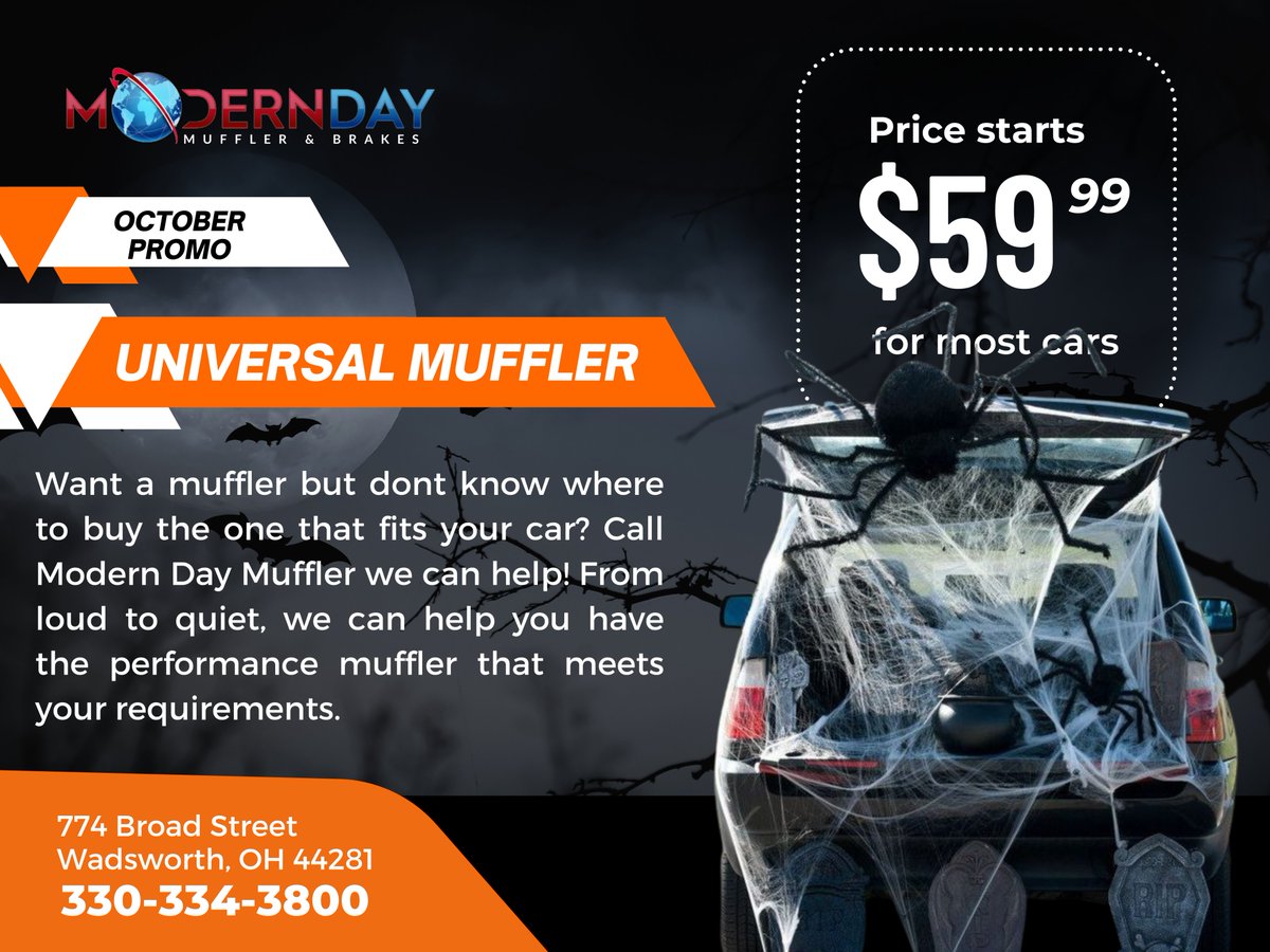 Moderndaymuff's tweet photo. Our October Service Promo is HERE!

🚗 Winter Special for only $99.99
🚗 Flex Pipe Service starts $89.99 (most cars)
🚗 Universal Muffler starts $59.99 (most cars)
🚗 Rotors &amp; Pads starts $ 259.99 (most cars)

#Promo Valid until Oct. 31, 2022, CALL NOW!
 #repairservice #replace https://t.co/eBrYPnkrV3