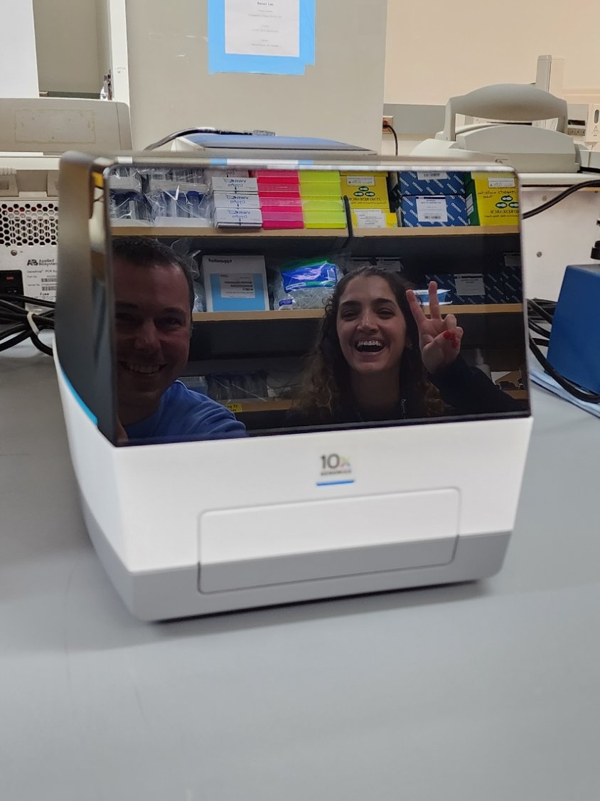 DrBenReiner's tweet photo. Very excited to announce that @snchehimi has joined my lab as a postdoc, expanding our neural #SingleCell studies of psychiatric disease and addiction. Her first job was to set up our new @10xGenomics Chromium X. They are shiny for selfies, right? https://t.co/u0T6YraAEV