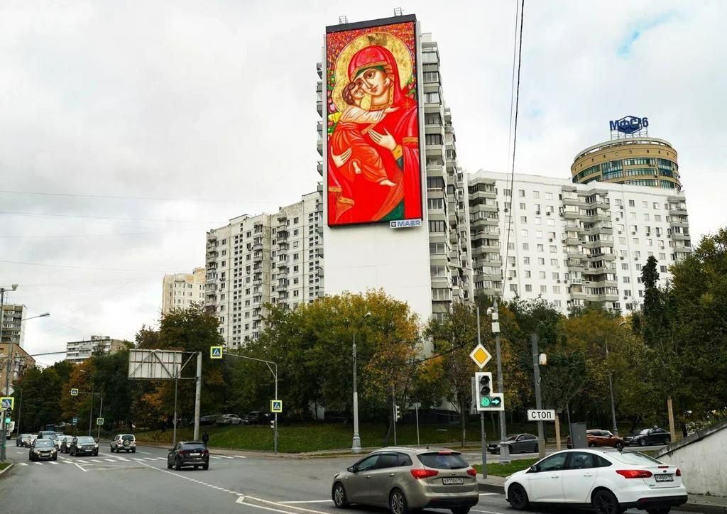 In Moscow, some billboards have been replaced by huge orthodox icons of Mary