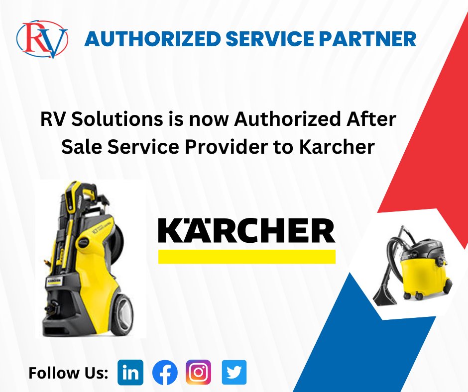 We are excited to share that RV Solutions is now an authorized service partner for “Karcher” Germany to provide complete After Sale Service & Tech Support Pan India. @KarcherIndia

#rvsolutionspvtltd #karcher #aftersaleservice #serviceprovider #techsupport #repair #servicepartner