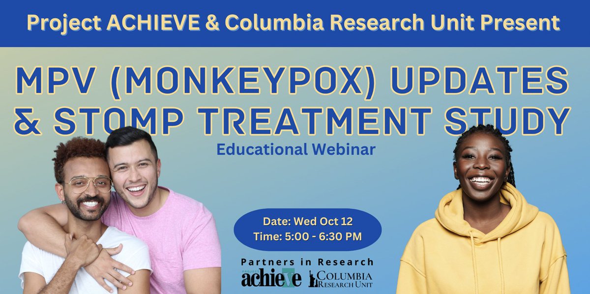 Columbia Research Unit (@columbiahiv) on Twitter photo Get MPV updates. Webinar Wednesday Oct 12th at 5 pm-6:30 pm. Follow zoom link columbiacuimc.zoom.us/j/93598380047
Hosted by the ID Division at Columbia, Columbia Research Unit and Project ACHIEVE. <a href="/Cuimc_id/">Columbia Division of Infectious Diseases</a> <a href="/AchieveNYC/">Project ACHIEVE</a> Get MPV updates. Webinar Wednesday Oct 12th at 5 pm-6:30 pm. Follow zoom link columbiacuimc.zoom.us/j/93598380047
Hosted by the ID Division at Columbia, Columbia Research Unit and Project ACHIEVE. <a href="/Cuimc_id/">Columbia Division of Infectious Diseases</a> <a href="/AchieveNYC/">Project ACHIEVE</a>