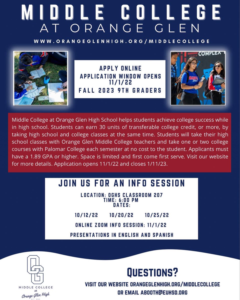 MiddleCollegeOG's tweet image. Our first info session is October 12th at 6. Learn more about our program and how to apply. We will host three more sessions leading up to our application window opening.