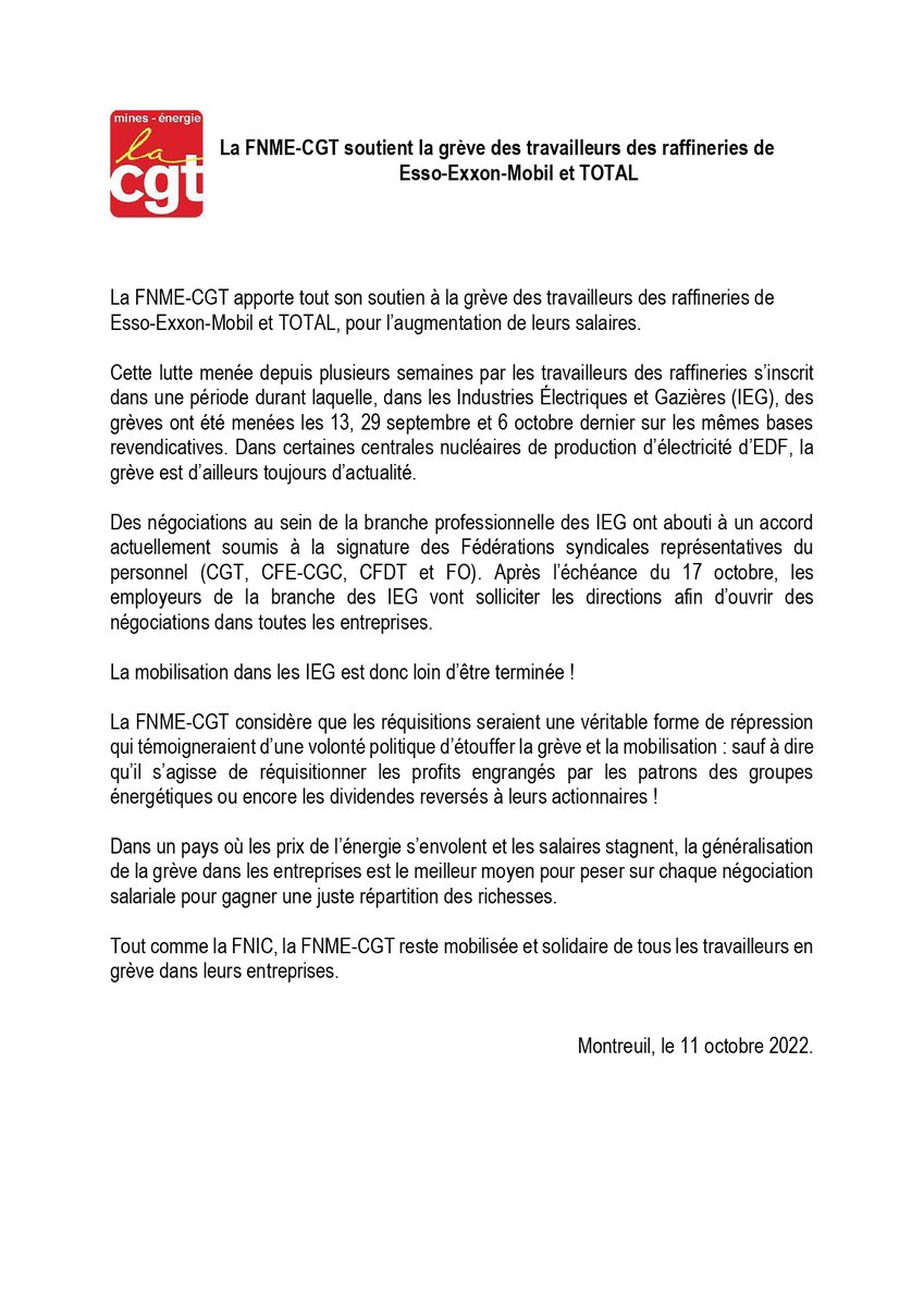 💥 Face aux menaces du gouvernement de casser illégalement les grèves dans les raffineries et de monter les travailleur/es les un/es contre les autres, de nombreux secteurs répondent par la solidarité de classe comme dans le nucléaire, dockers, Renault trucks...

#LutteDesClasses