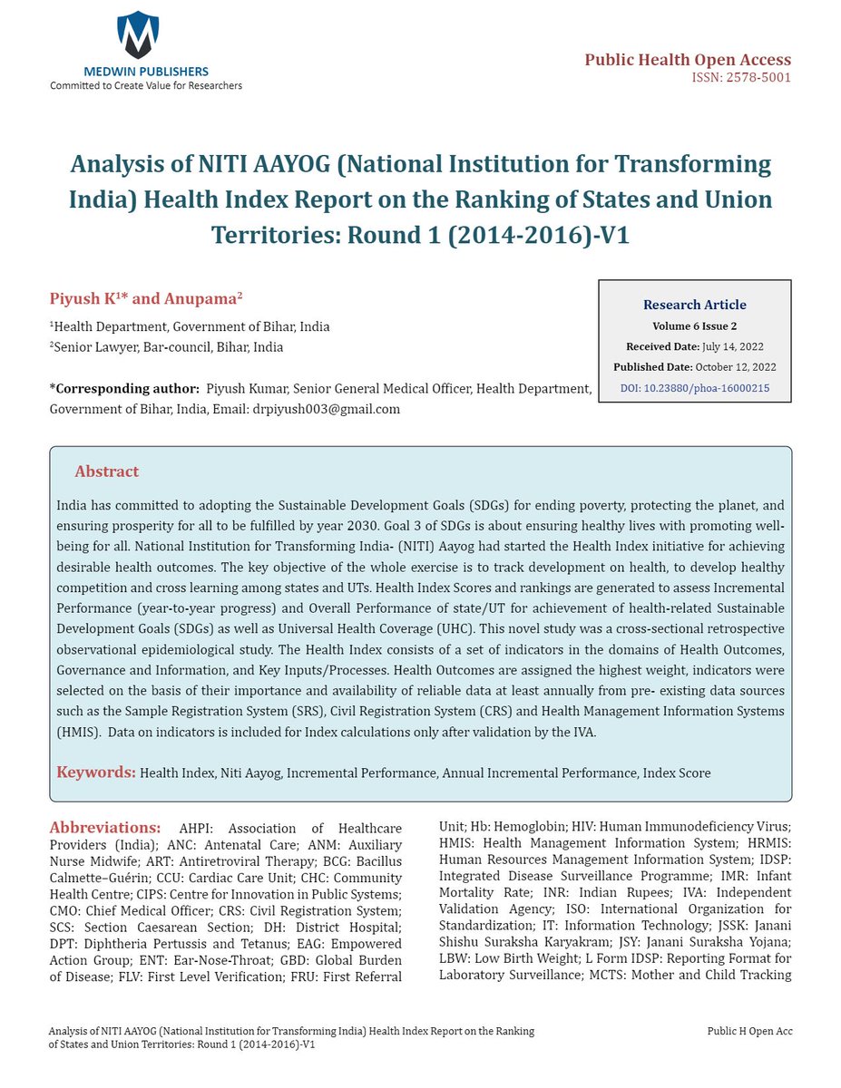 DrPiyushKrbihar's tweet photo. PDF LINK - https://t.co/zBCGkkHhSd
Analysis of NITI AAYOG (National Institution for Transforming India) Health Index Report on the Ranking of States and Union Territories: Round 1 (2014-2016)-V1
#medical #health #india #nitiaayog #statehealthindex #ranking https://t.co/MNdsWz7W7w