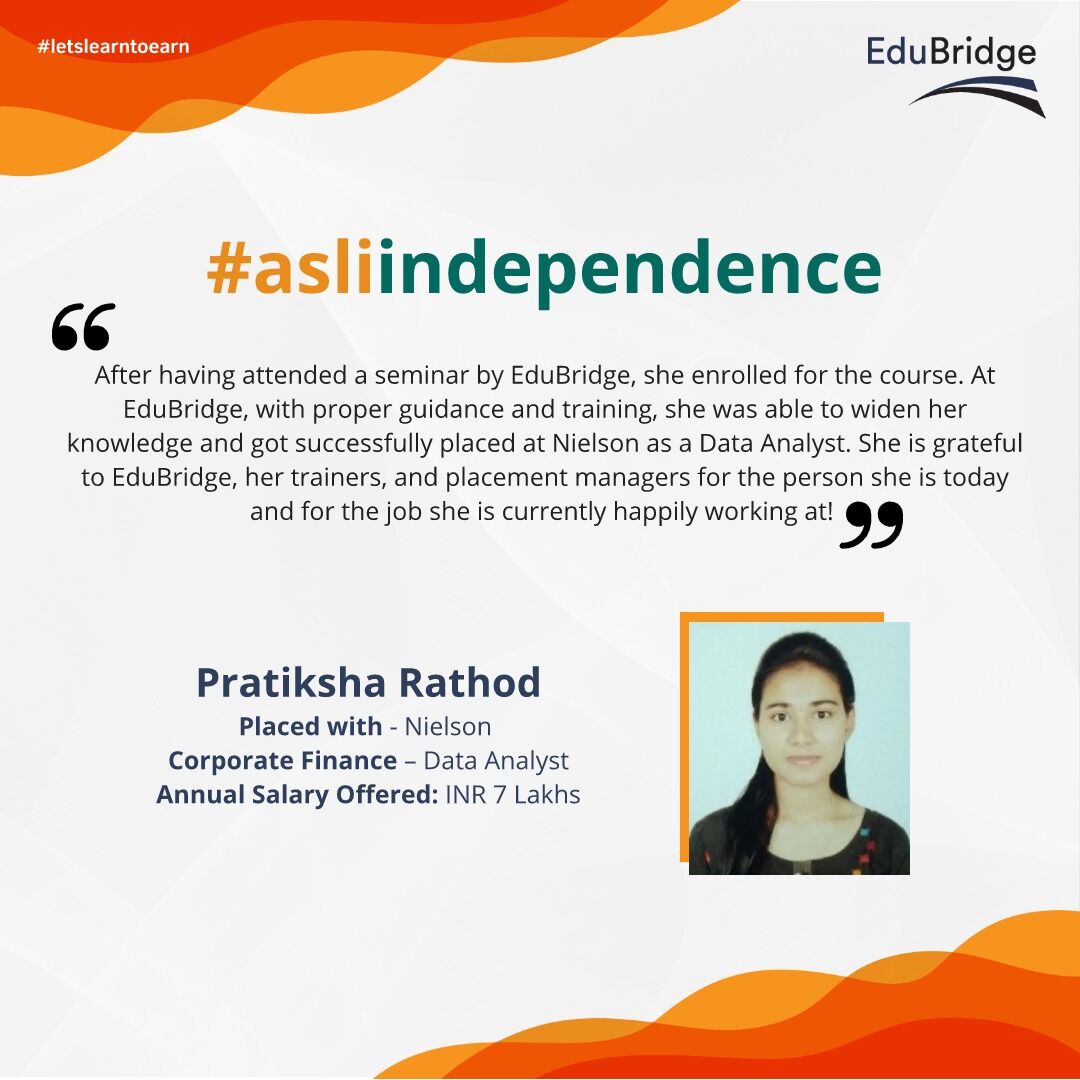 EduBridgelearn's tweet image. #asliindependence comes through hard work &amp;amp; perseverance! Here is one such example of a successful EduBridge learner&apos;s journey...

Register now @ bit.ly/37m1j8S in 110% Job Guarantee Data Analytics Program

#datanalyticscourse #dataanalystcoursewithjobguarantee