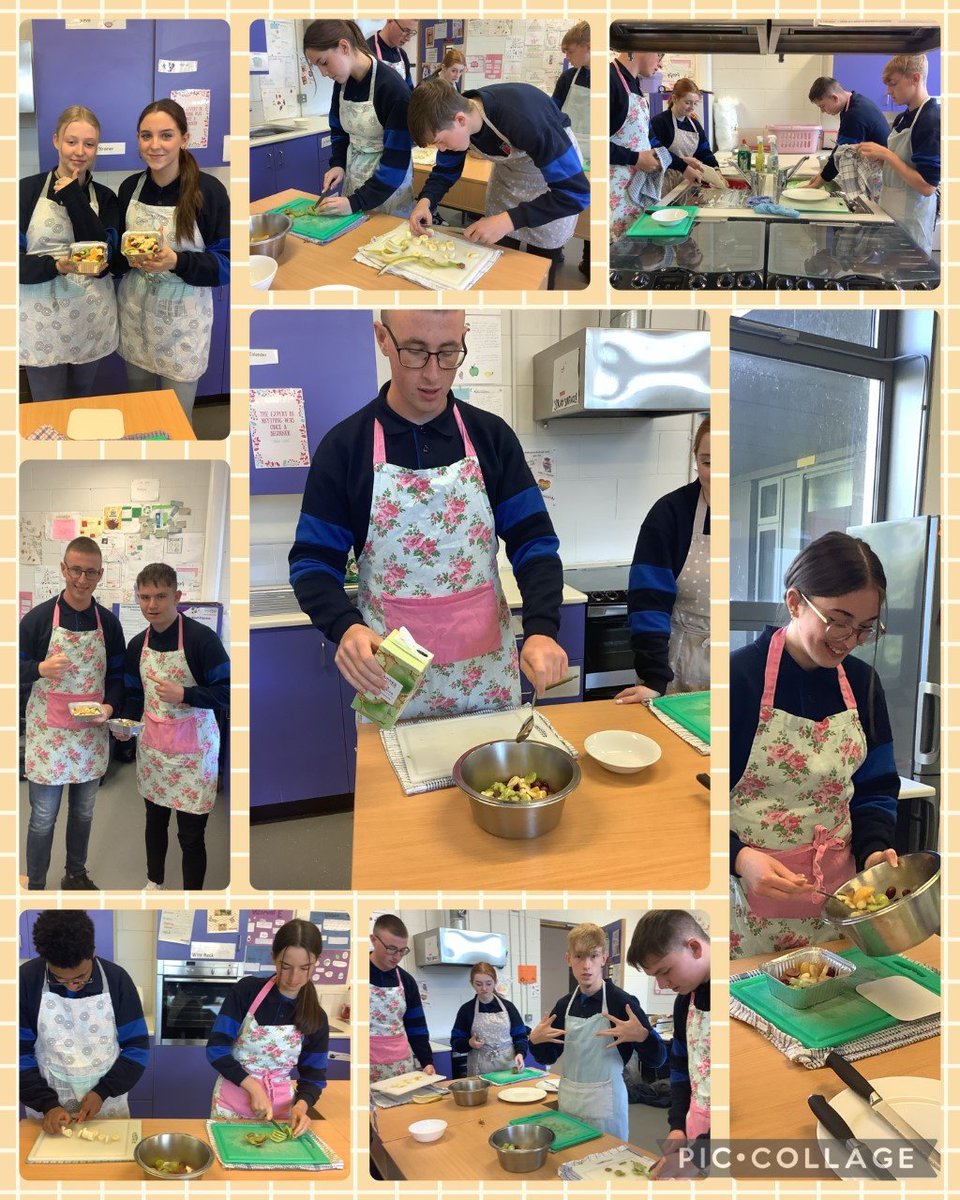 BallymakennyC's tweet photo. TY Lifeskills class had their first practical this week making fresh fruit salads. They worked really well together in pairs to set up the kitchen, make their fruit salad and complete the washing up! They left with a healthy snack for their lunch🍌 🥝 #louthchat https://t.co/8wrViwHXR7
