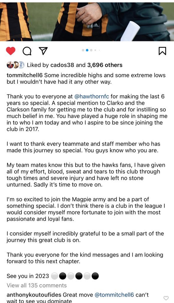 zaccy1996's tweet photo. Tommy Mitchell a class act, strong support for Clarko on his Instagram post 👏👏 #alwayshawthorn #tommitchell https://t.co/A5SA1jirmZ
