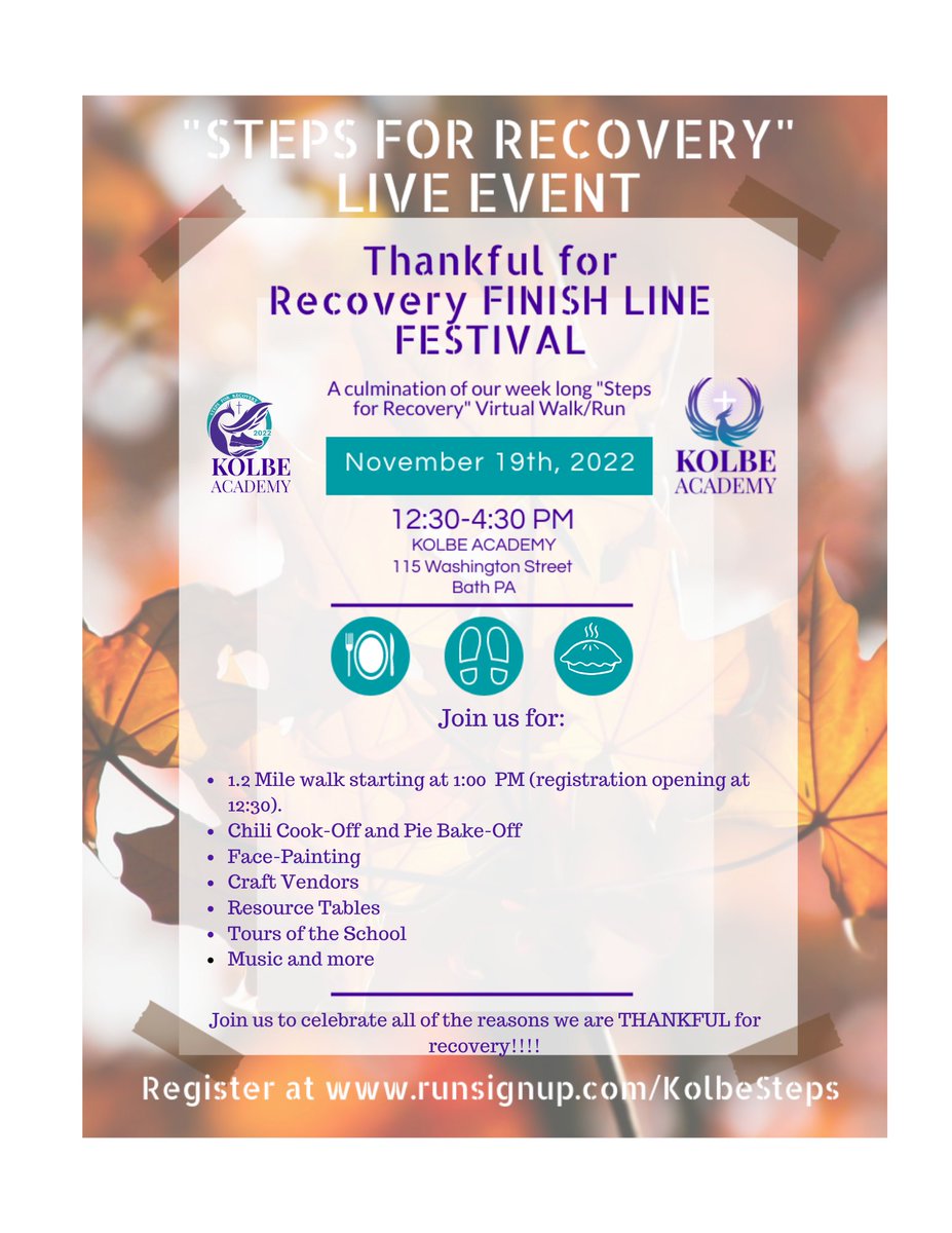 Have you registered for our 3rd Annual Steps for Recovery Event yet?  We are so thrilled to once again be offering both a virtual and in person option.  
To register , visit:  buff.ly/3xYPIEb 
We look forward to celebrating all of the reasons we are THANKFUL FOR RECOVERY!