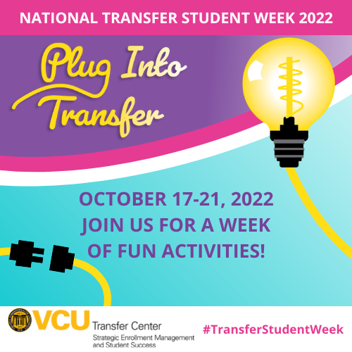 VCUTransfer's tweet photo. October 17-21 is National Transfer Student Week! The Transfer VCU Center will be hosting/co-hosting nine events. Click on the link for more information and to RSVP. https://t.co/rh6iRv38jx
#TransferStudentWeek #vcutransferstudents #vcutransfer https://t.co/PlzcotCkgy