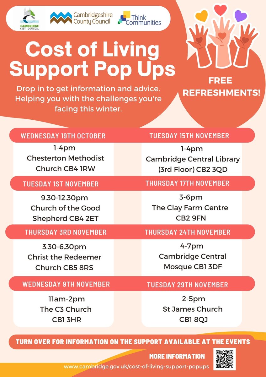 CamCitCoRI's tweet photo. 🤔Are you worried about the cost-of-living crisis?

@camcitco &amp; partners are running cost of living support pop-ups over the next few months. 

Come along for info and advice to help you through the challenges this winter. Events will have light refreshments for those attending. https://t.co/pyBv85mkoX