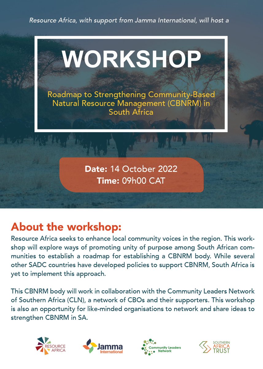 Resource Africa is hosting a workshop with key stakeholders to explore ways to develop community-based natural resource management (CBNRM) in South Africa. Hopeful that SA communities can form a CBNRM body with input from communities in other countries from @LeadersSouthern