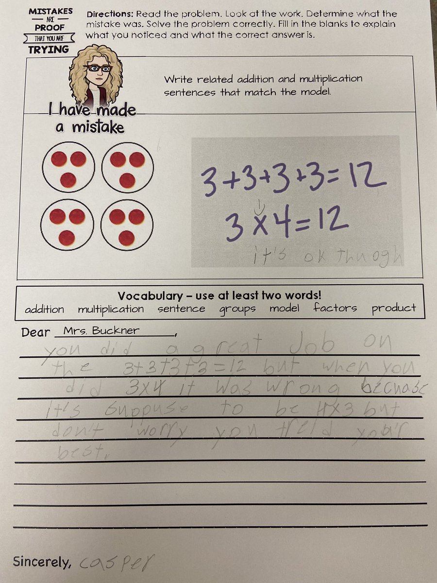 CampiMrsBuckner's tweet photo. My mathematicians are so good at analyzing work and communicating their thinking!  Each week they complete a Dear Mrs. Buckner response telling me what I did well and what I need to fix!  Awesome job team! #teamcampi #dearmrsbuckner https://t.co/gvG4KKa2UJ