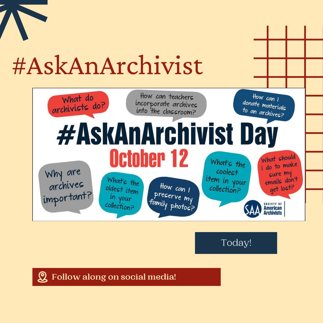 Today is #AskAnArchivist Day, created by our friends at SAA! Today, archivists around the country will answer questions about archives on social media. You can participate by asking and answering questions all day. Just follow the hashtag to see what folks want to know about us!