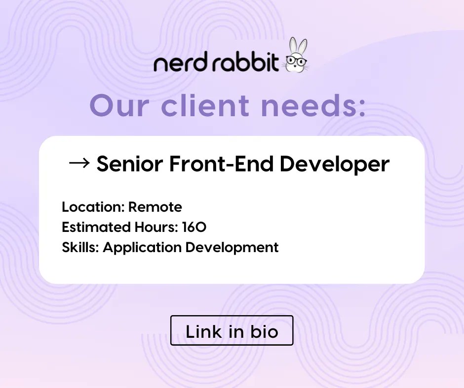 NerdRabbit_'s tweet photo. Looking for a new project? Check out this Senior Front-End Developer job, available exclusively at Nerdly! Learn more ➡️ https://t.co/kLpuCBgo83
.
#aws #awscloud #awsjobs #appintegration #ui #awsapp #aws #uicode #appjobs #uijobs #frontend #frontenddeveloper https://t.co/E30whZQHIy