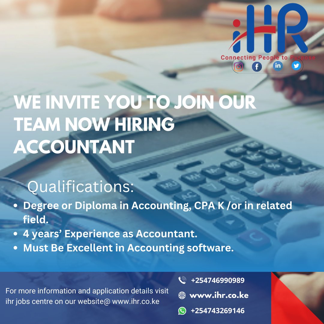 Our client is looking for CPA K Accountant to manage all financial transactions, from fixed payments and variable expenses to bank deposits and budgets.#IkoKaziKE #cpak #jobseekerskenya
#IkoKazi