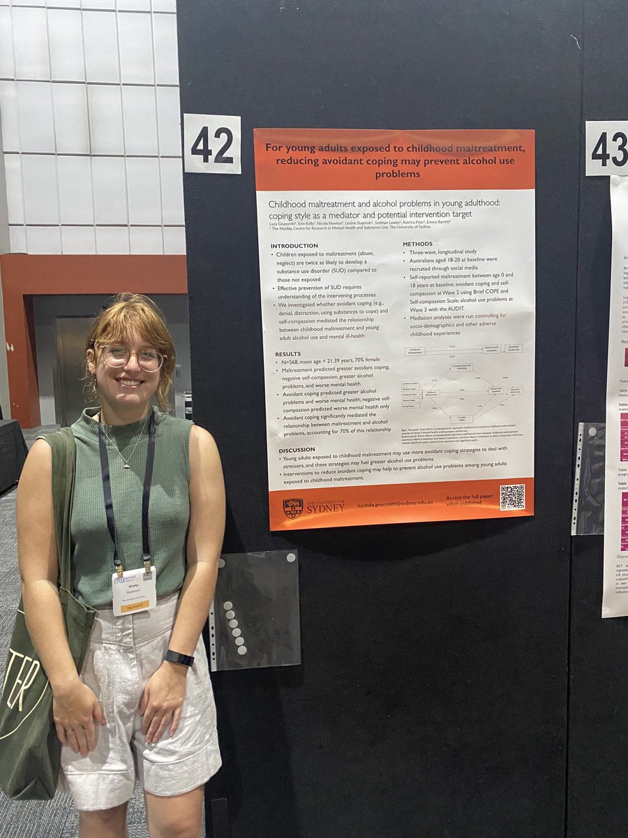 Kirsty next to @LucyGrummitt⁩ poster⁩ finding that for young adults exposed to childhood maltreatment, reducing avoidant coping may prevent alcohol use problems @DrErinKelly⁩ ⁦@NickieNewton⁩ ⁦@lex_stapinski⁩ ⁦@von_lawler⁩ ⁦@katprior1⁩ Emma Barrett