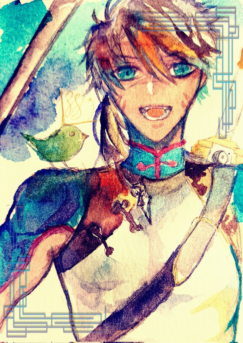 1boy male focus solo open mouth smile bird blue eyes  illustration images
