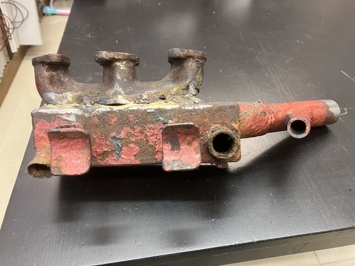 Was asked if we can repair this manifold off an old #canalboat engine. Told them it’s too far gone, mixture of cast iron, mild steel and stainless steel. Offered to make new and order placed. Not #mancmended but will be #MancMade <a href="/mancmade/">Paul Ludden</a> Watch this space!