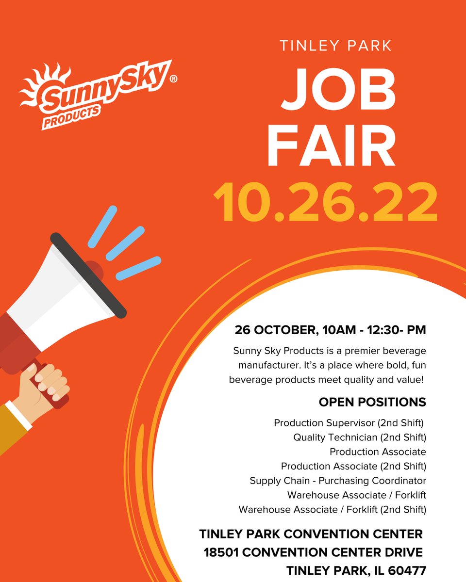 Sunny Sky Products is going to be at the Tinley Park Job Fair on October 26 from 10 - 12:30! #jobs #jobfair #chicago #tinleypark #nowhiring #SunnySkyProducts