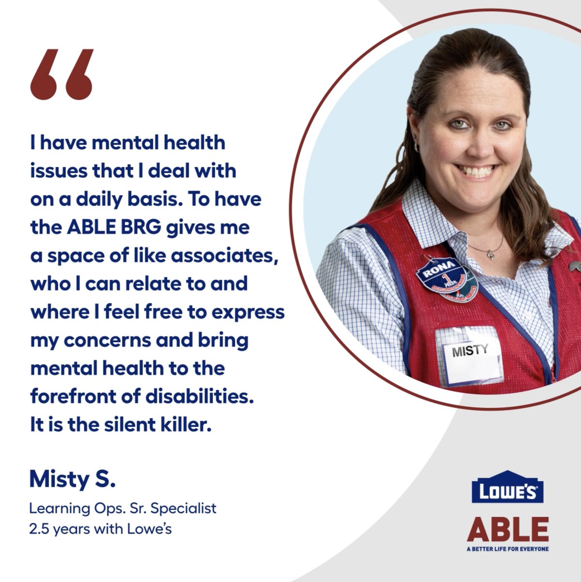 LowesCareers's tweet photo. Misty is one of over 61 million American adults living with a disability.
We are dedicated to fostering inclusion for all associates with disabilities, their caretakers, and their allies through our #LowesABLE Business Resource Group. #LowesForAll #NDEAM @DisabilityIN https://t.co/HabTNcoa7s