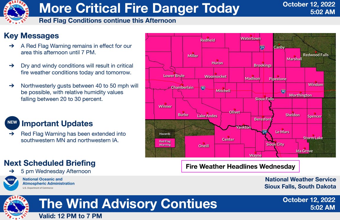 A Red Flag Warning will be in effect from noon to 7 p.m. for portions of southwest Minnesota. A Red Flag Warning means critical fire weather conditions like strong winds and low humidity will exist during that time. More: https://t.co/jwugtiqZxk. https://t.co/xNRYuurlUU