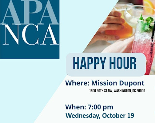 NCAC_APA's tweet photo. Join us for happy hour on Wednesday, October 19 at 7pm at Mission Dupont in NW DC for some networking fun! RSVP at https://t.co/13I0wVQR86 https://t.co/4yCKmPLyrH