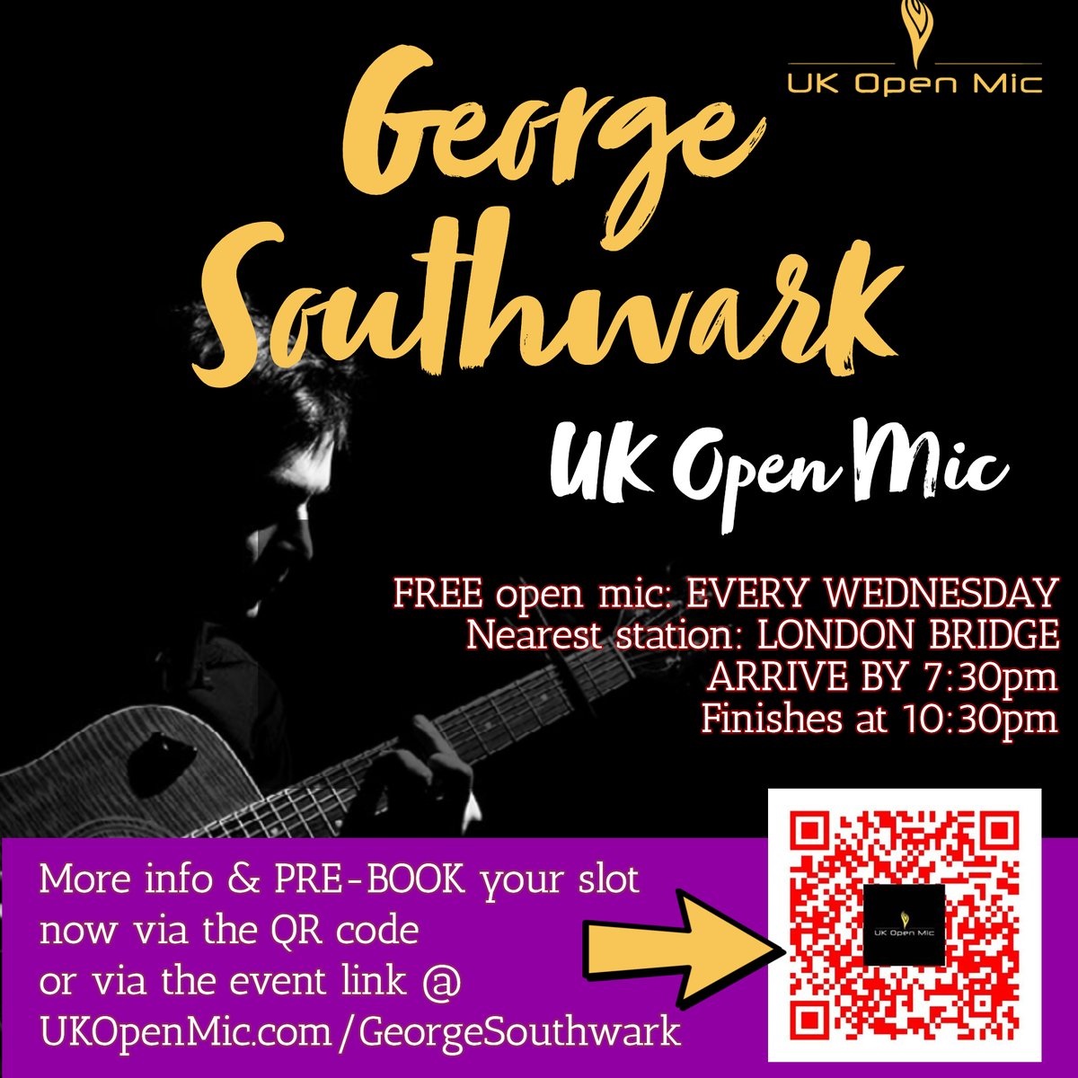 Come have fun playing at 𝗚𝗲𝗼𝗿𝗴𝗲 𝗦𝗼𝘂𝘁𝗵𝘄𝗮𝗿𝗸 𝘁𝗵𝗶𝘀 𝗪𝗲𝗱𝗻𝗲𝘀𝗱𝗮𝘆! 

𝗕𝗼𝗼𝗸 a 𝗳𝗿𝗲𝗲 𝘀𝗹𝗼𝘁  𝗻𝗼𝘄 at UKopenmic.com/GeorgeSouthwark! 

𝗔𝗿𝗿𝗶𝘃𝗲 by 𝟳:𝟮𝟬 PM to guarantee your slot. Music from 𝟳:𝟯𝟬 - 𝟭𝟬:𝟯𝟬𝗽𝗺. We look forward to welcoming you down!