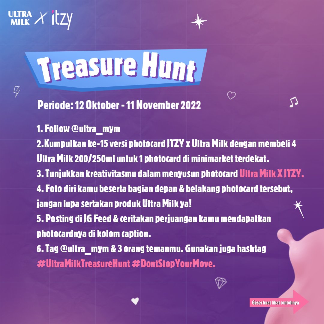 ultramym's tweet photo. HEY HO, K-MOVERS! Tunjukin kalo kalian MIDZY sejati dengan ikutan #UltraMilkTreasureHunt. 

Akan ada 10 pemenang beruntung yg dapetin hadiah Exclusive Boxset Ultra Milk X ITZY, Signed Album “Checkmate”, dan Book Set Album No Bad Days. 

Langsung aja cek akun IG ➡️@ultra_mym https://t.co/wpG2rRrhe7