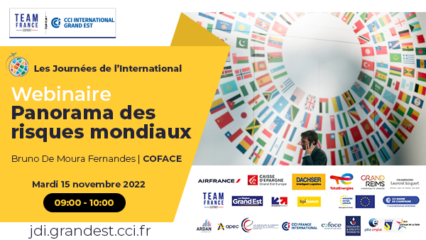 CCIexport_GE's tweet photo. Panorama des risques mondiaux. Webinaire proposé à l'occasion des Journées de l'International par Bruno de Moura Fernandès - @Coface, le 15 novembre 2022 à 9h👉🏻Inscription sur https://t.co/QTknEB4mgc
Organisé par CCI International Grand Est dans le cadre de la #TeamFranceExport https://t.co/PNDqHfa38z