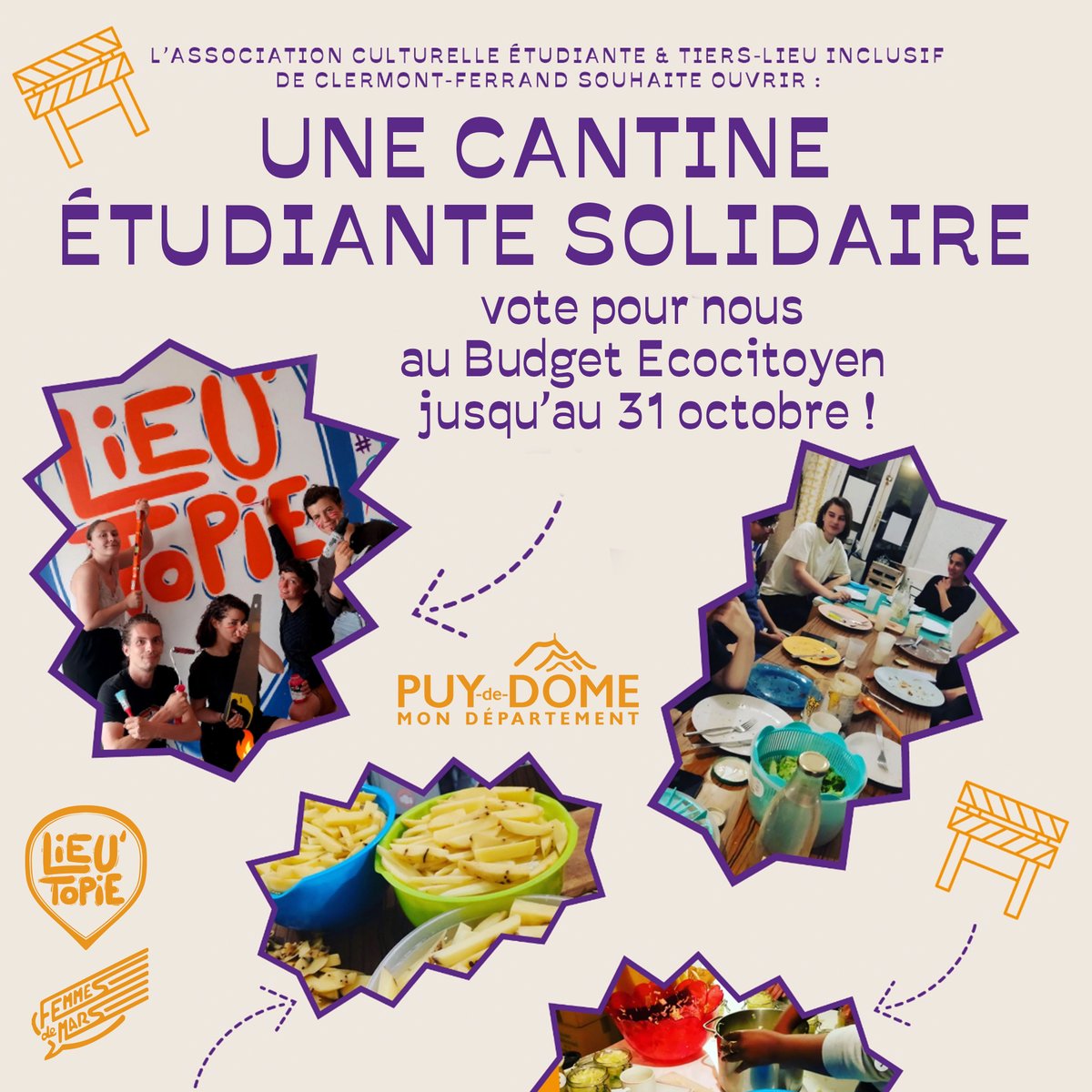 LieUtopie's tweet photo. Votez pour notre Cantine solidaire au Budget écocitoyen dès maintenant ! Ici : https://t.co/Myl62lRhGC #BEC2022 ! On vous conseille en second vote de voter pour #Artex, #LaPerm, @FSarlieve ou encore Tera Preta ! https://t.co/w91mzZsHDq