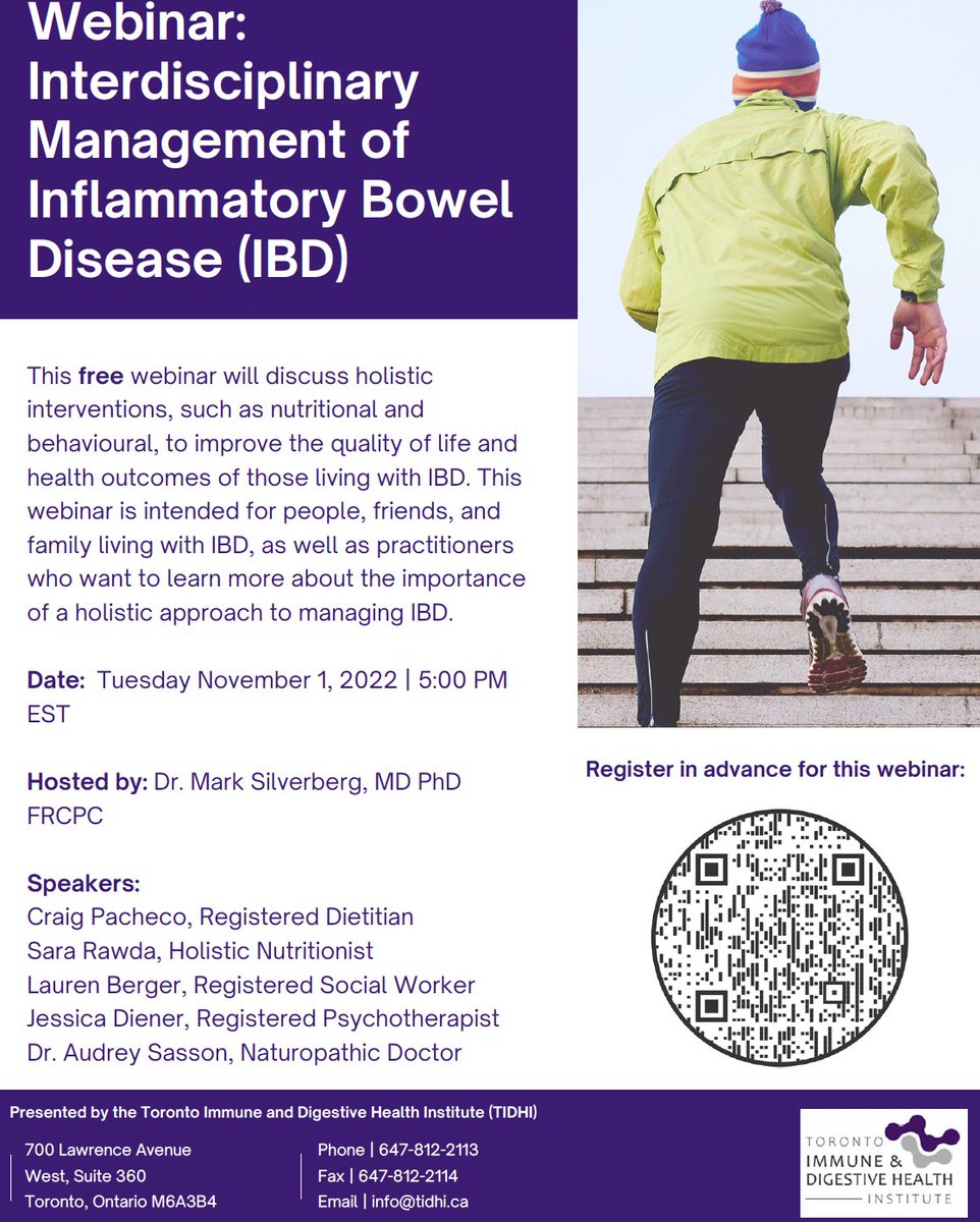 Toronto Immune and Digestive Health Institute (@tordighealthins) on Twitter photo Please join this free webinar on Tues Nov 1 at 5pm to hear about the importance of integrating mental health, nutrition and naturopathy into optimal management of #IBD. Hosted by <a href="/guthealthmd/">Dr Mark Silverberg</a> with our ancillary health team speaking. Registration link below. All welcome. Please join this free webinar on Tues Nov 1 at 5pm to hear about the importance of integrating mental health, nutrition and naturopathy into optimal management of #IBD. Hosted by <a href="/guthealthmd/">Dr Mark Silverberg</a> with our ancillary health team speaking. Registration link below. All welcome.