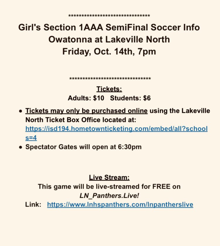 OwatonnaHuskies's tweet photo. Girls Soccer advances to the semifinals on a thrilling 1-0 O.T.victory over Century. Girls play at L. North this Friday, 10/14, at 7pm. Tickets MUST be purchased online at: https://t.co/sLm7wfB1AL Good Luck Huskies! @OHSGirlsSoccer_ @OPP__Sports @voiceofohs @ohsoffice @ohsmagnet https://t.co/6dmjGISBmT